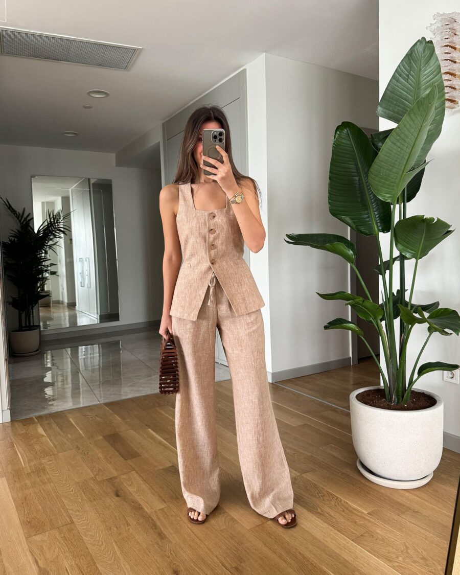 Dvodjelni laneni set Laurent - smeđi - Slika 1