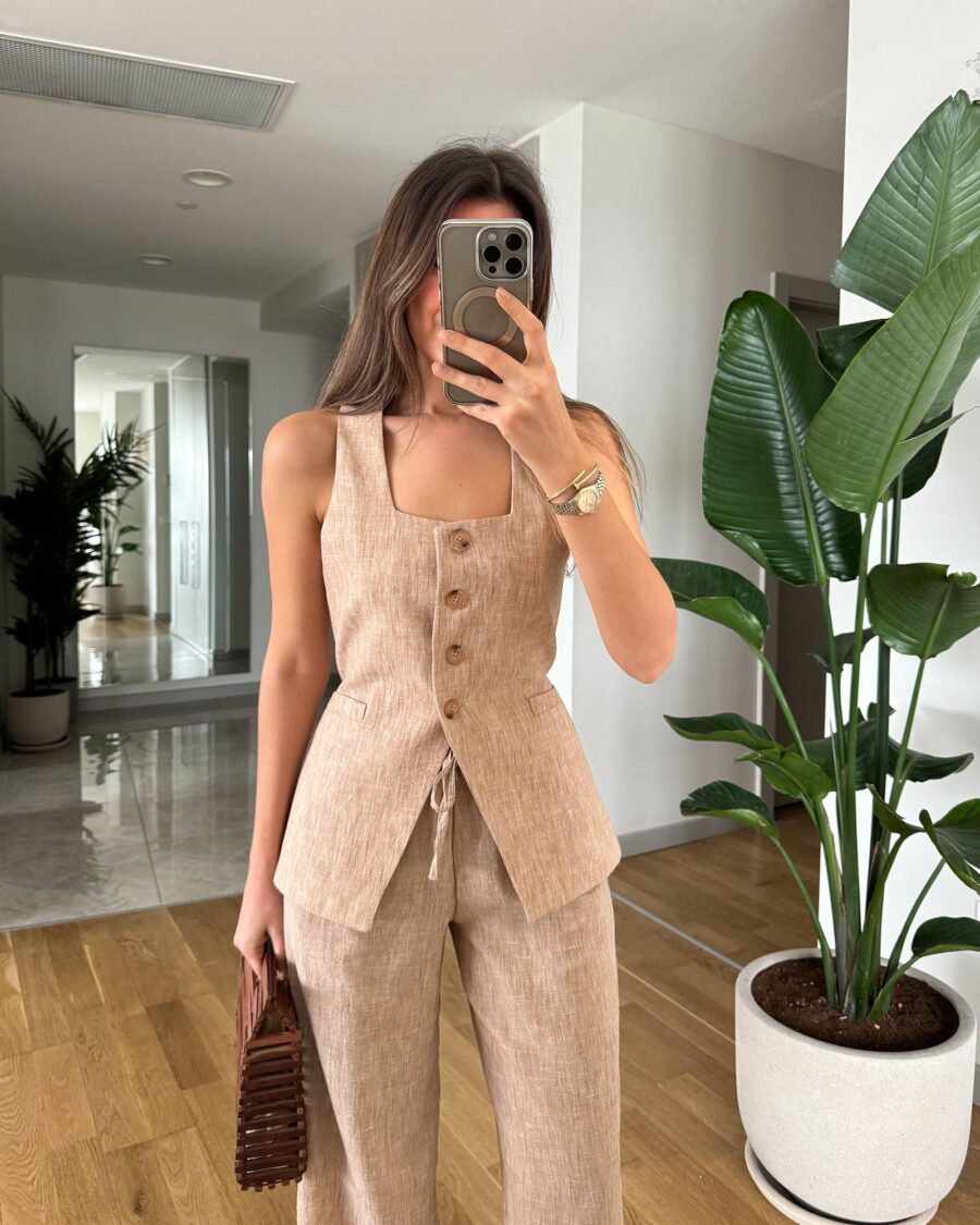 Dvodjelni laneni set Laurent - smeđi - Slika 2