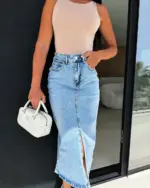 Midi suknja Raila - svijetli teksas - Slika 4