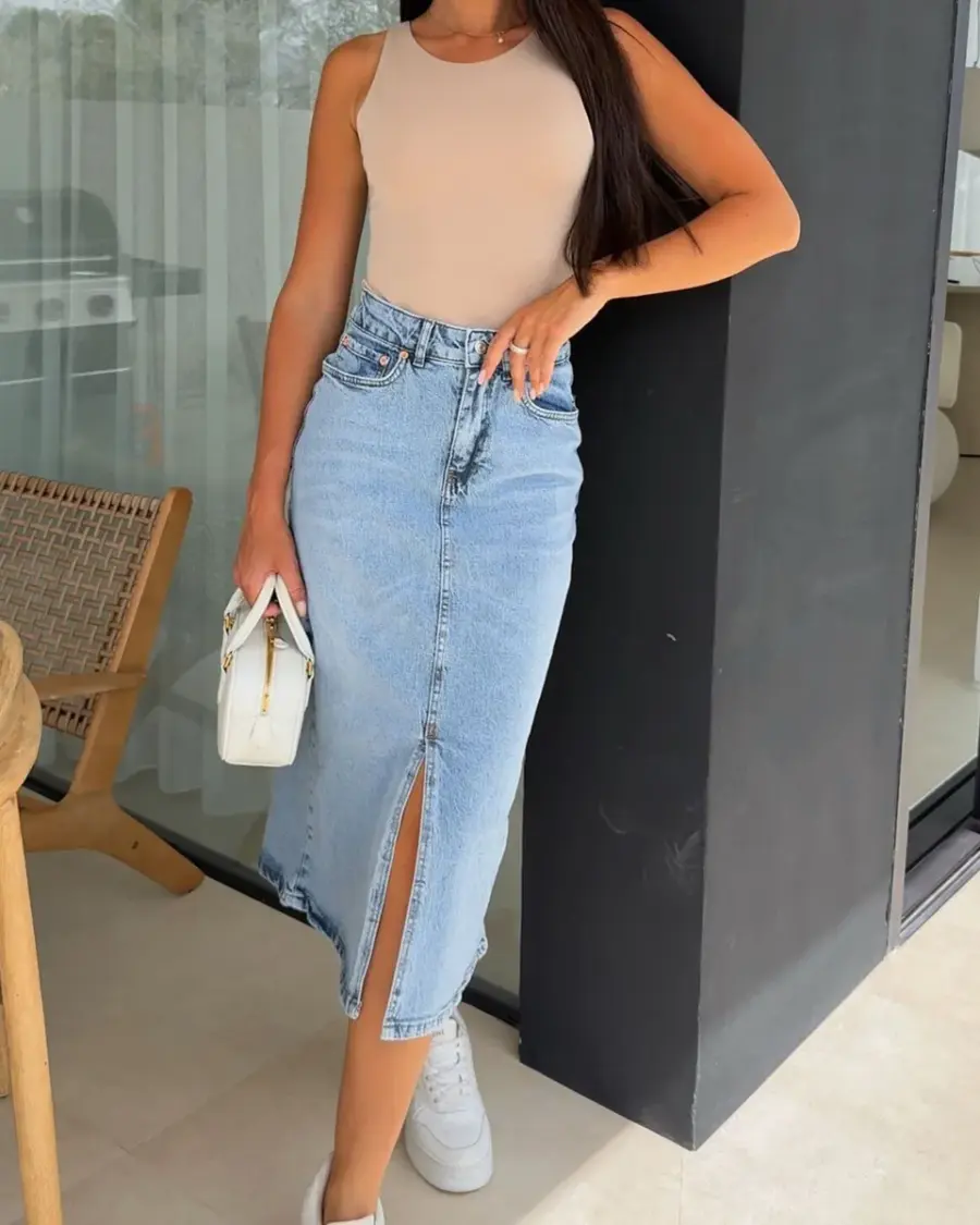 Midi suknja Raila - svijetli teksas - Slika 6