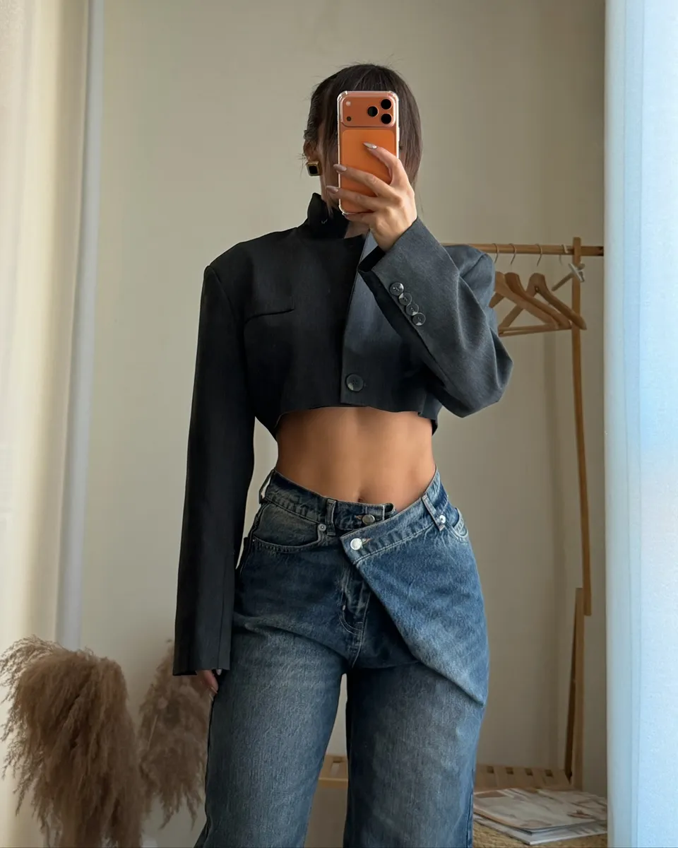 Farmerice na koso kopčanje Petra - tamni teksas - Slika 2