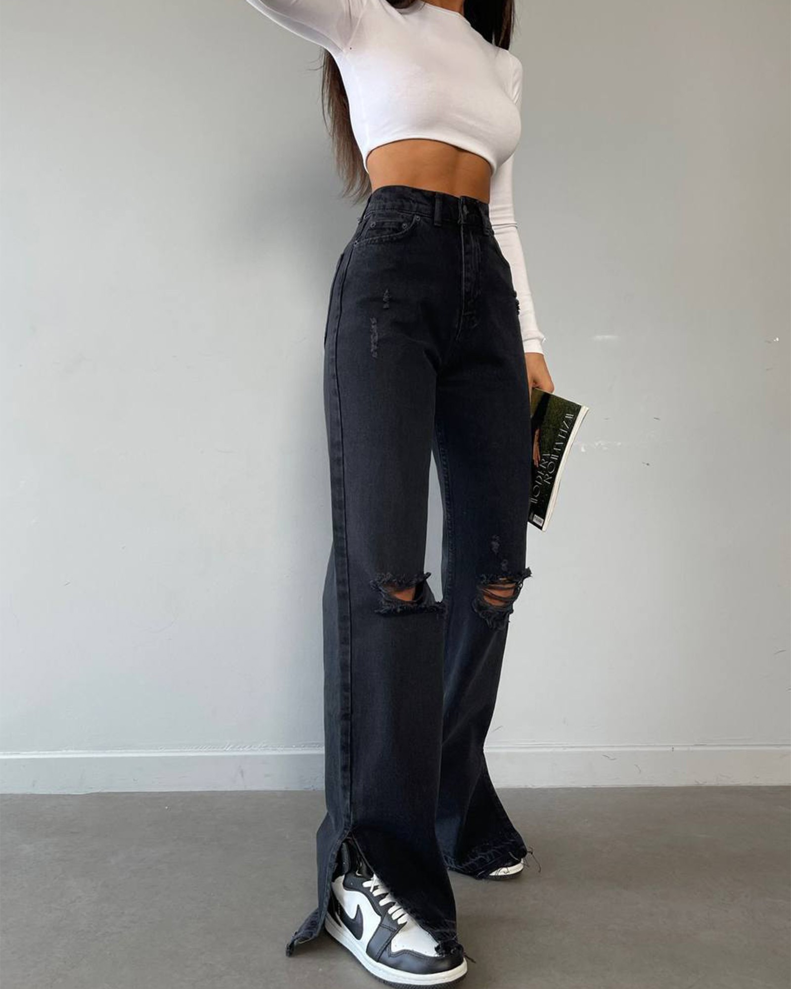 Farmerice široka nogavica Wang - crne - Slika 3