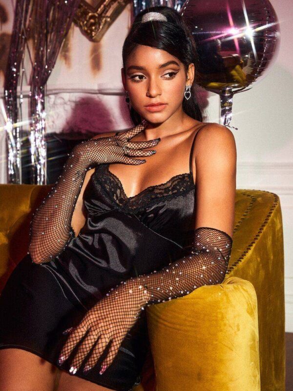 Duge mrežaste rukavice sa cirkonima - crne 5 Lunatik