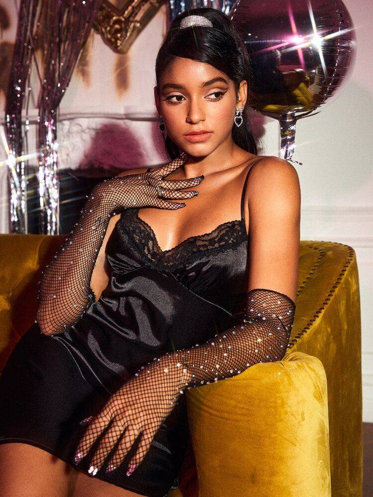 Duge mrežaste rukavice sa cirkonima - crne 3 Duge mrežaste rukavice sa cirkonima - crne - Slika 3